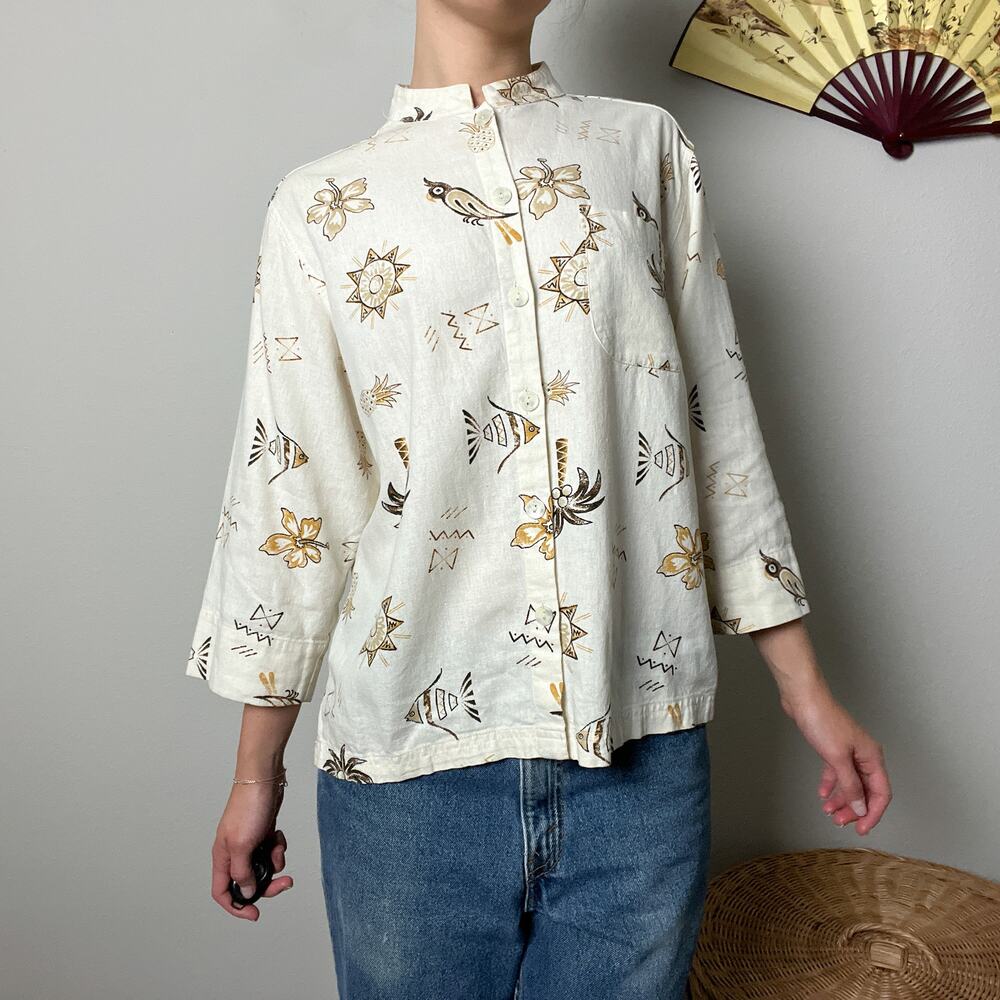 vintage cream linen boho tropical fish print boxy button mandarin shirt jacket